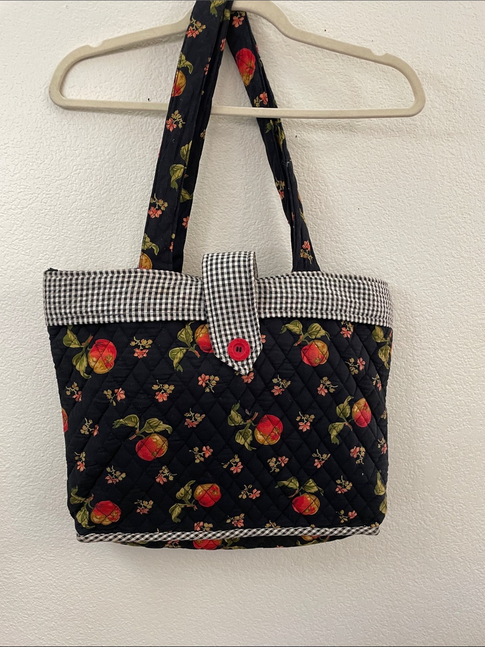 April Cornell Quilted Black Floral fruits Tote Bag with Gingham Trim 17.5x12